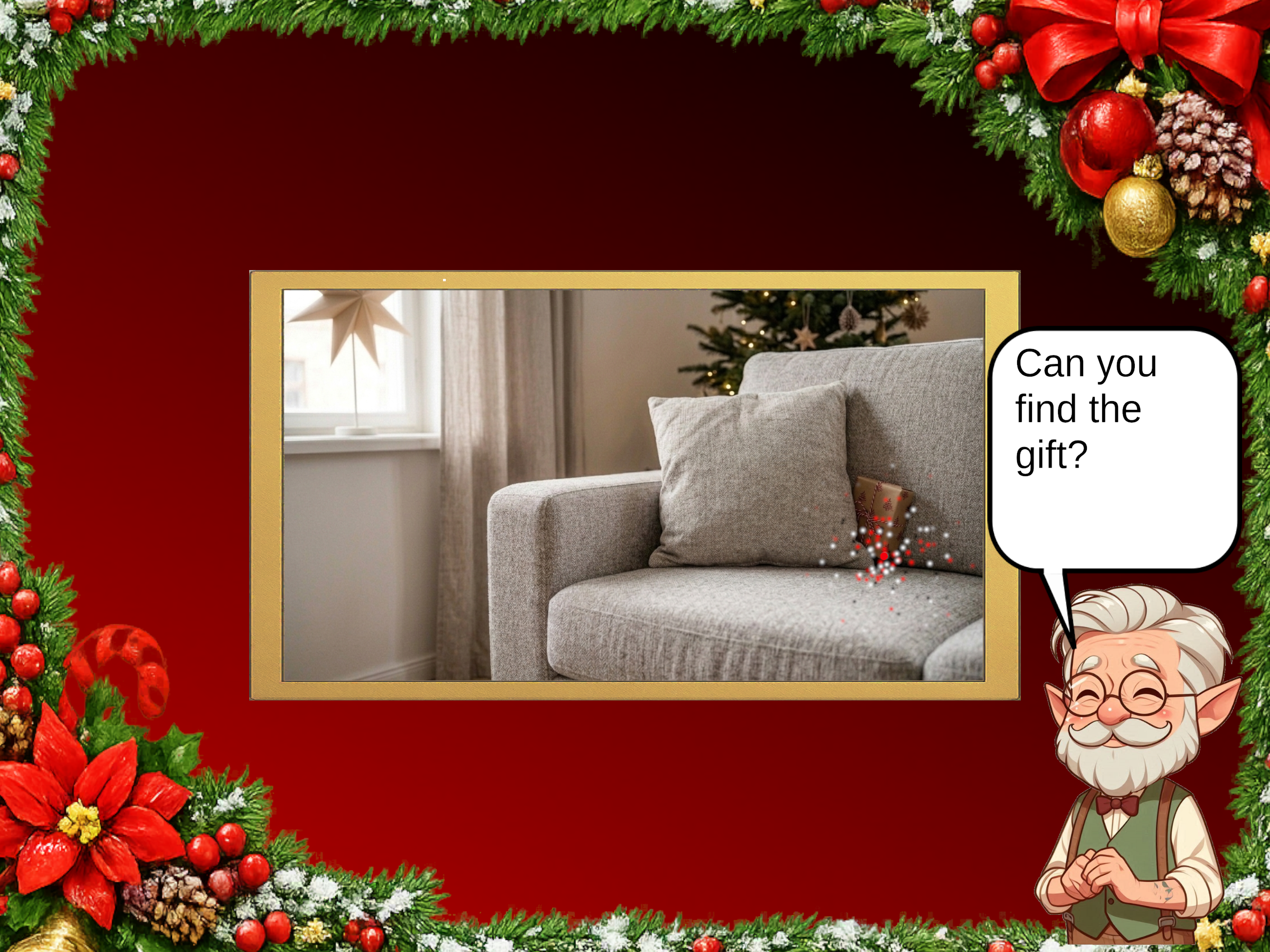 The revealed clue shows a gift hidden behind a cushion on the sofa. The Christmas elf asks: Can you find the gift?