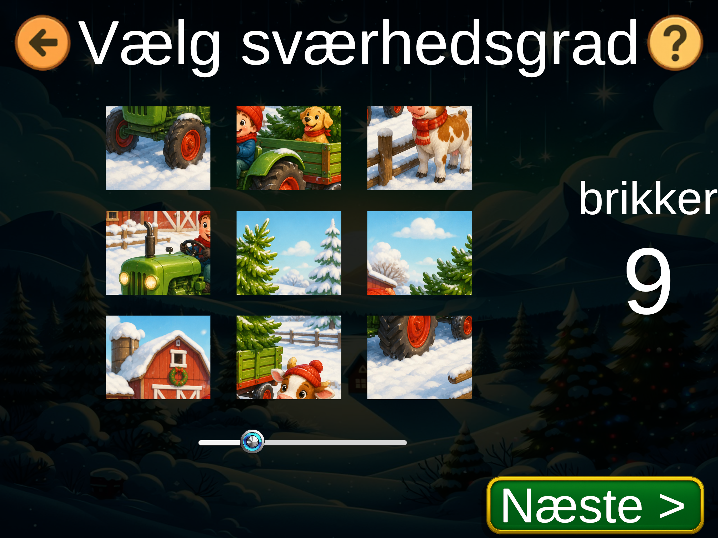 Julesporets skærm til valg af sværhedsgrad med en skyder, der her viser 9 puslespilsbrikker.
