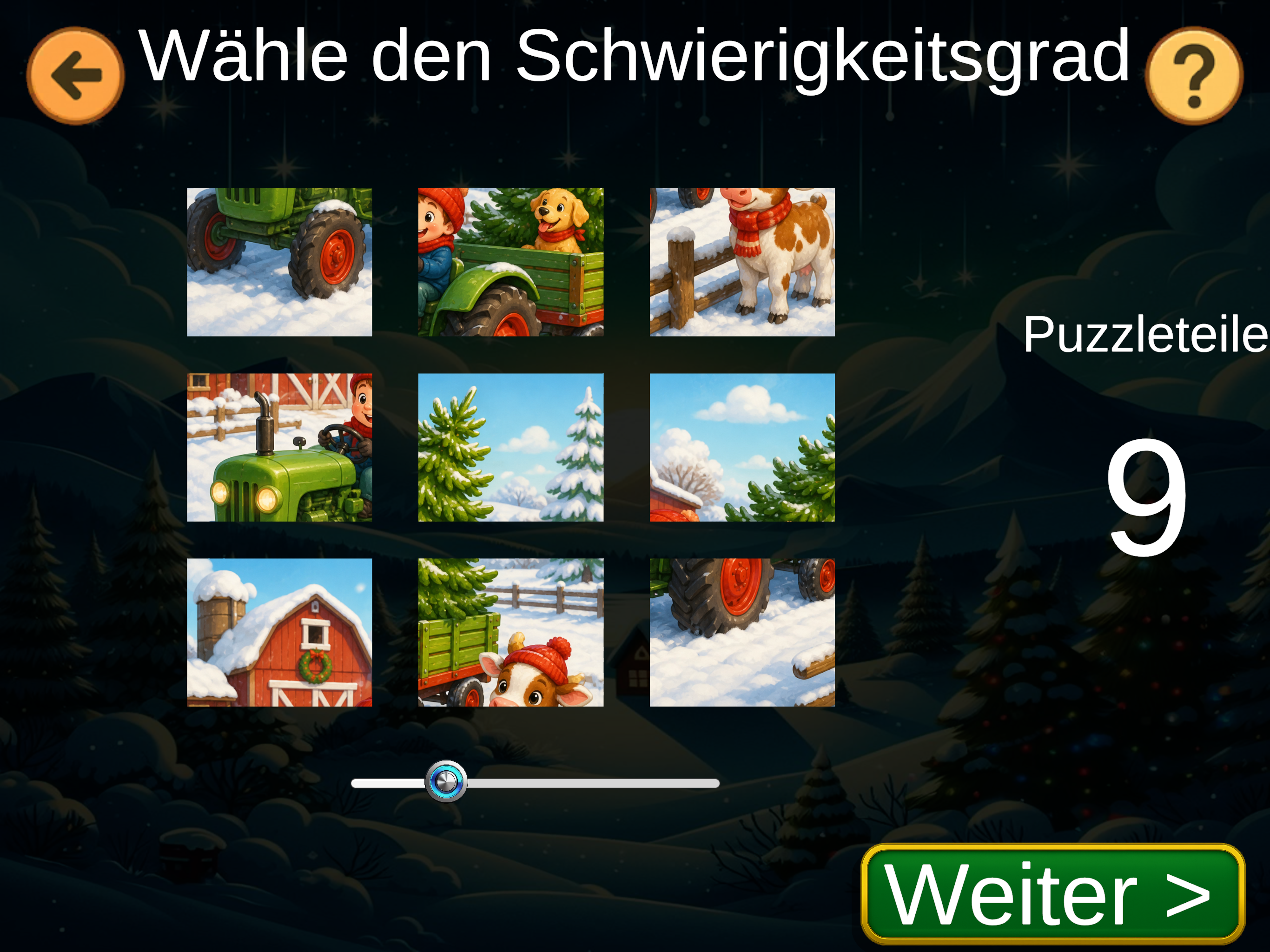 Der Bildschirm zur Auswahl des Schwierigkeitsgrads in Die Weihnachtsspur mit einem Schieberegler, der hier 9 Puzzleteile anzeigt.