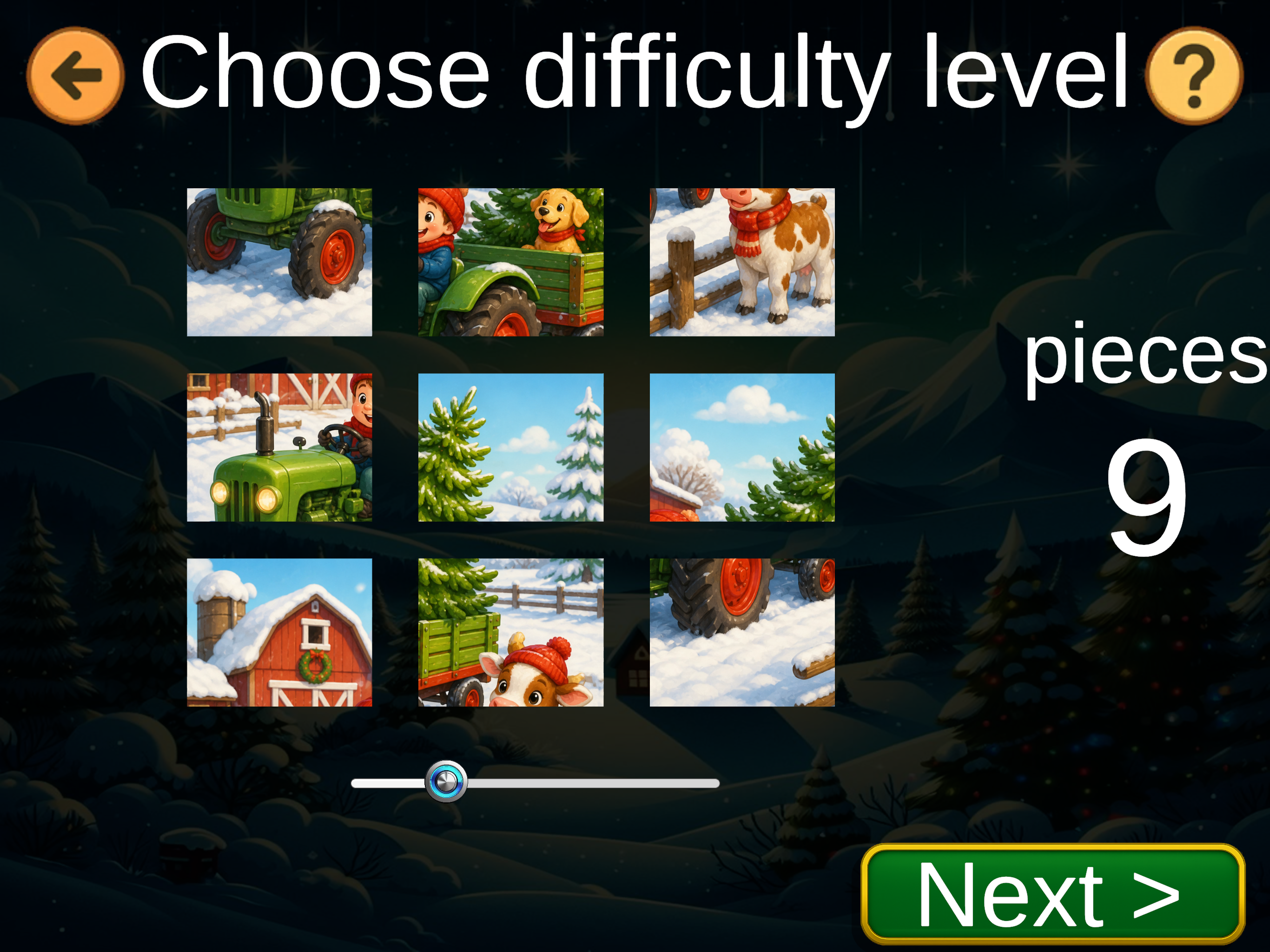 The Christmas Clue difficulty selection screen with a slider currently showing 9 puzzle pieces.