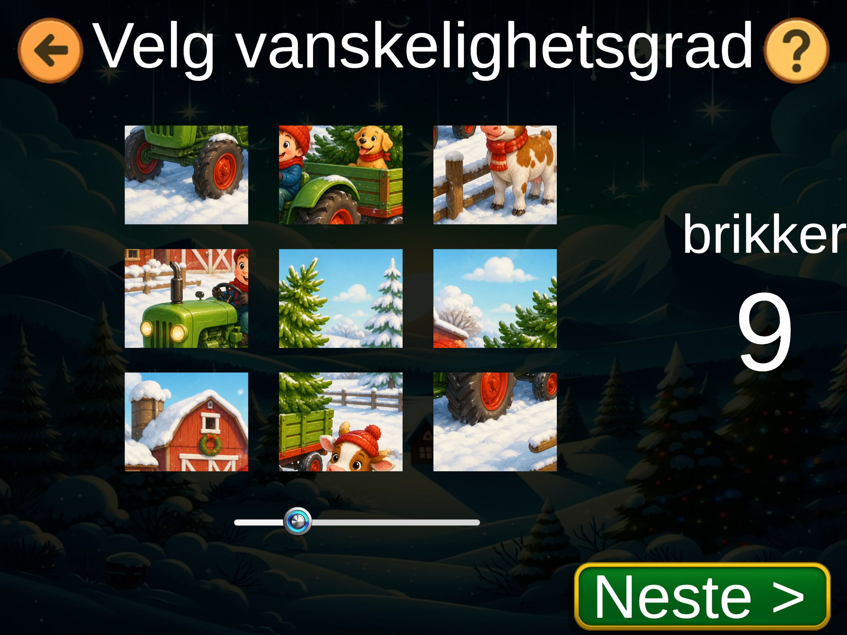 Julesporets skjerm for valg av vanskelighetsgrad med en skyveknapp som her viser 9 puslespillbrikker.