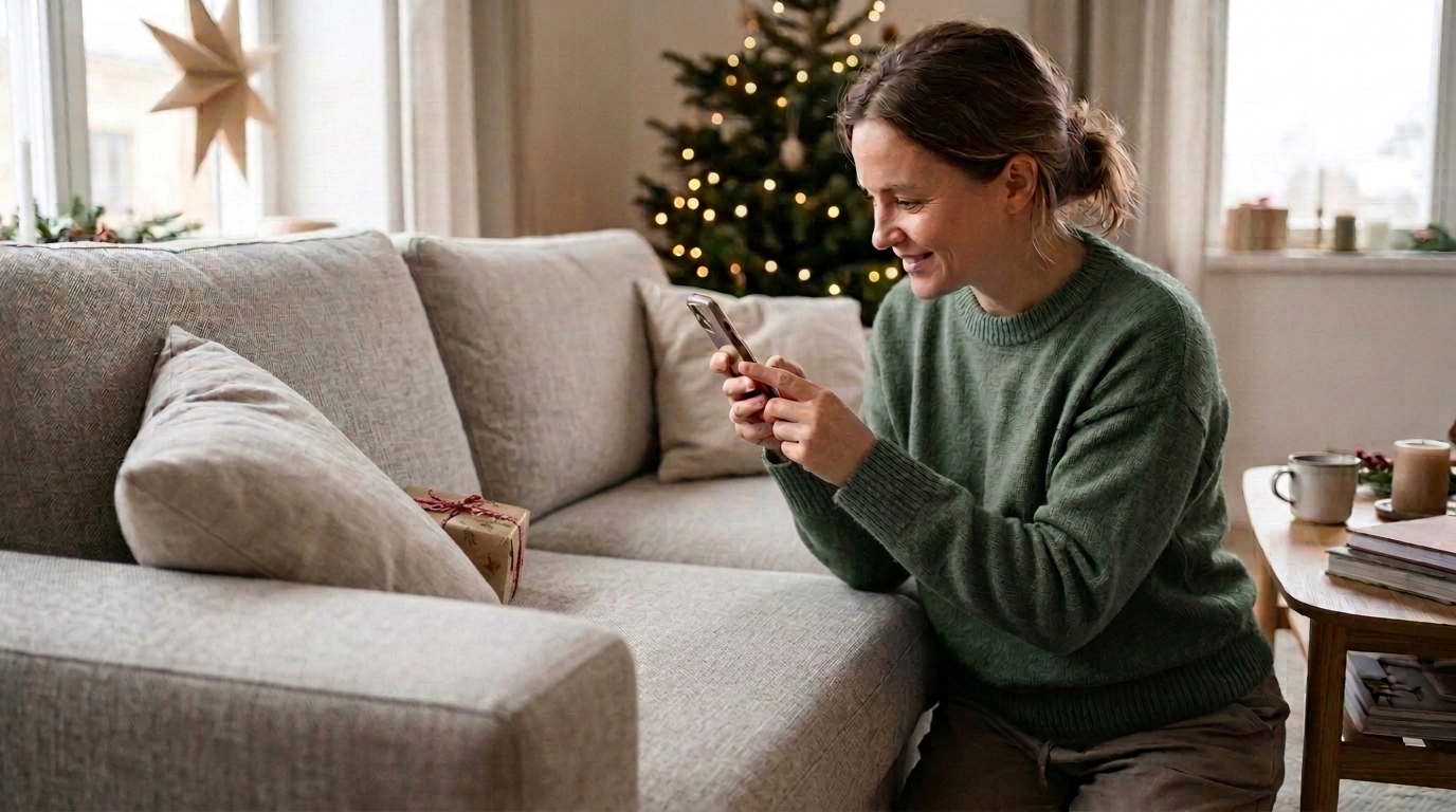 En voksen tar bilde med telefonen av en gave som er gjemt bak en pute i sofaen.